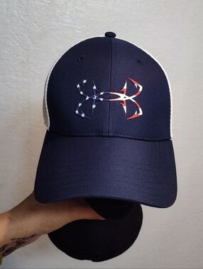 Under Armour Navy Blue & White Trucker Hat with American Flag Logo